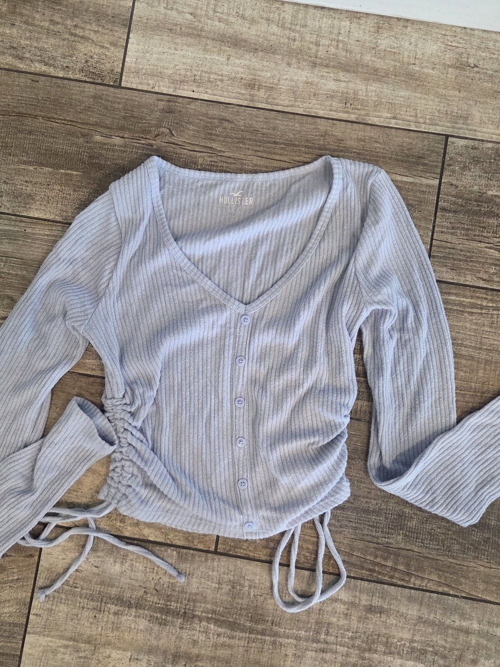 Hollister Pale Blue Ribbed Button-Front Long Sleeve Top with Side Ruching